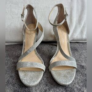 Jessica Simpson Rayli Metallic Silver Ankle Wrap Stiletto Dress Sandals Size 9